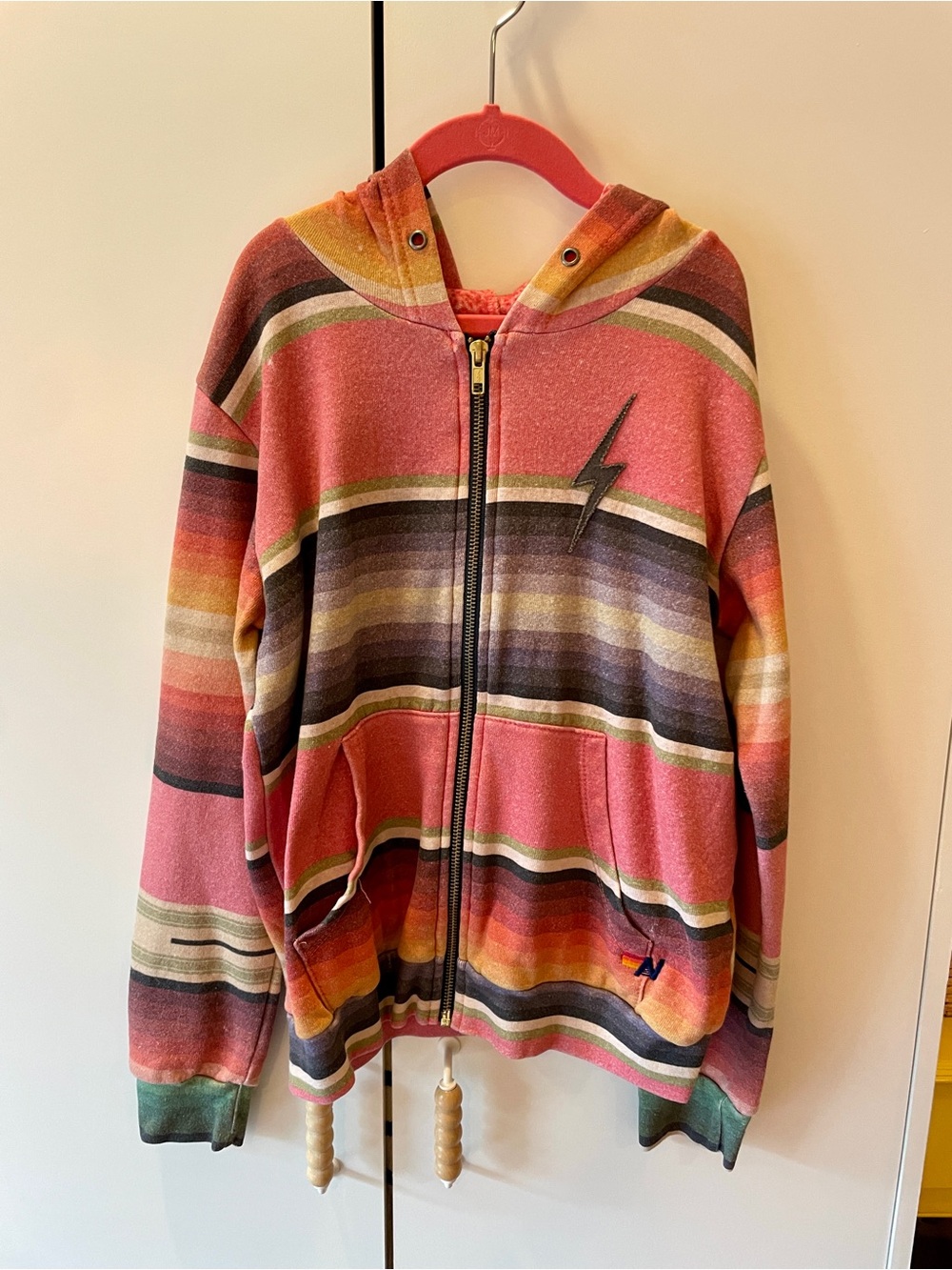 Kids size 12 Aviator Nation lightning bolt and stripes orange red hoodie